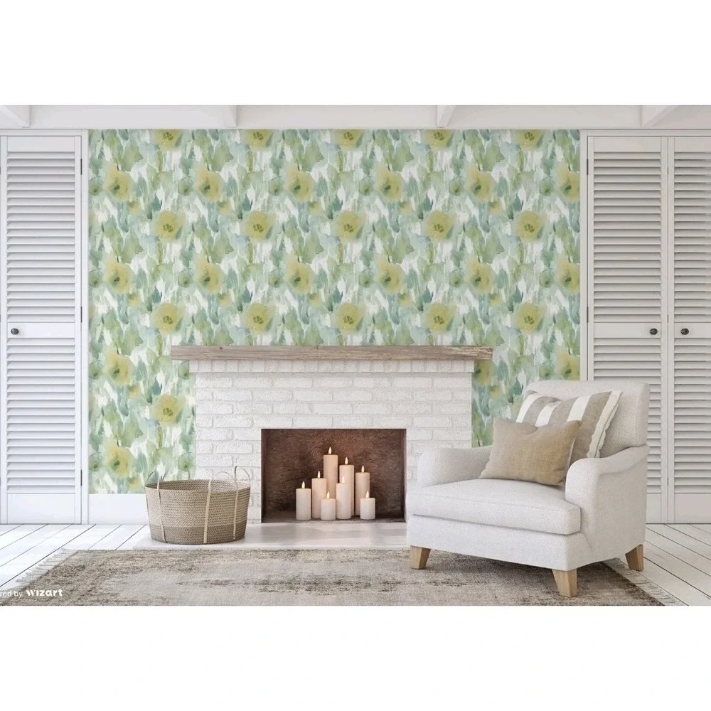 Grace & Gardenia GW2014 Watercolor Floral Fresh Peel and Stick Wallpaper Green